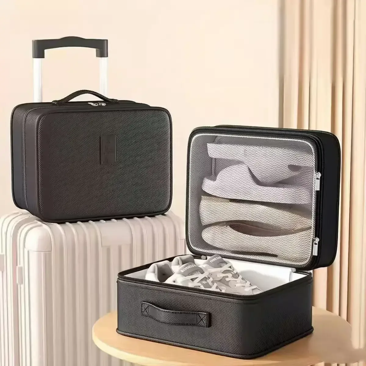 Black structured travel shoe organizer holding several pairs beside a suitcase