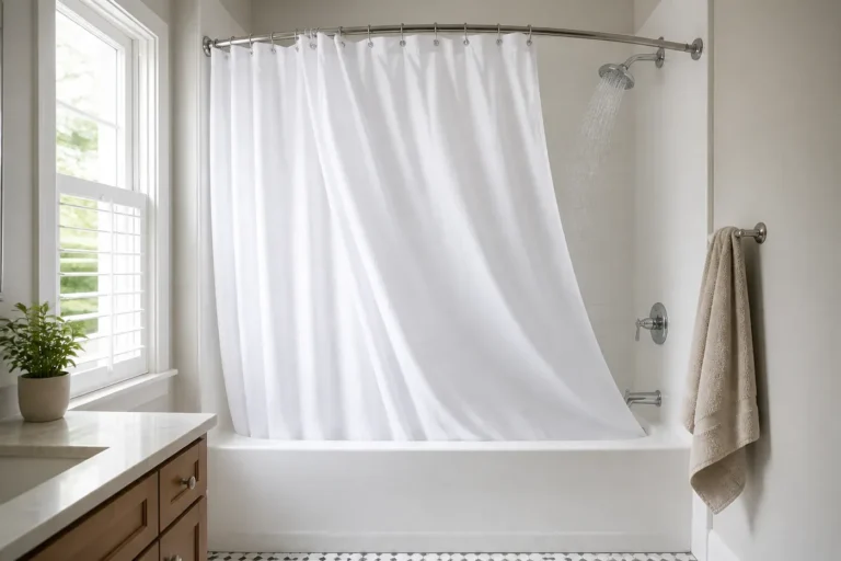 Plain white shower curtain billowing slightly inward over a bathtub while the shower runs