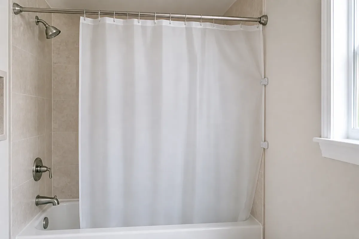 White shower liner held near the side wall by two small removable edge clips