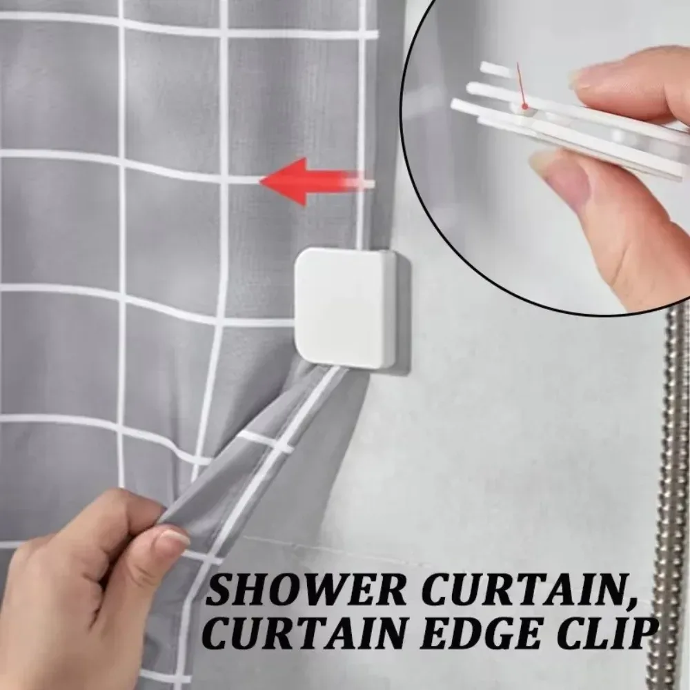 White adhesive shower-curtain edge clip holding a liner against a tiled wall