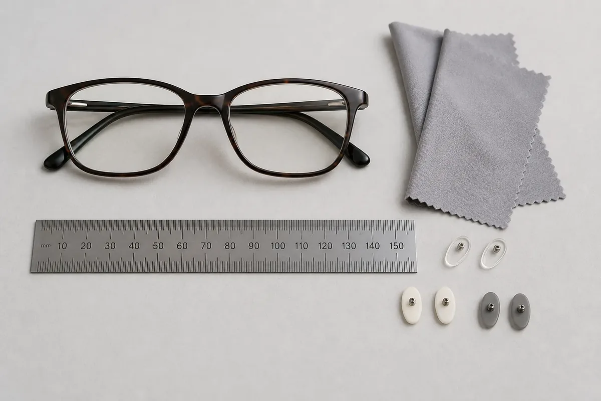 Eyeglasses laid out with a soft cleaning cloth, ruler, and silicone grip accessories