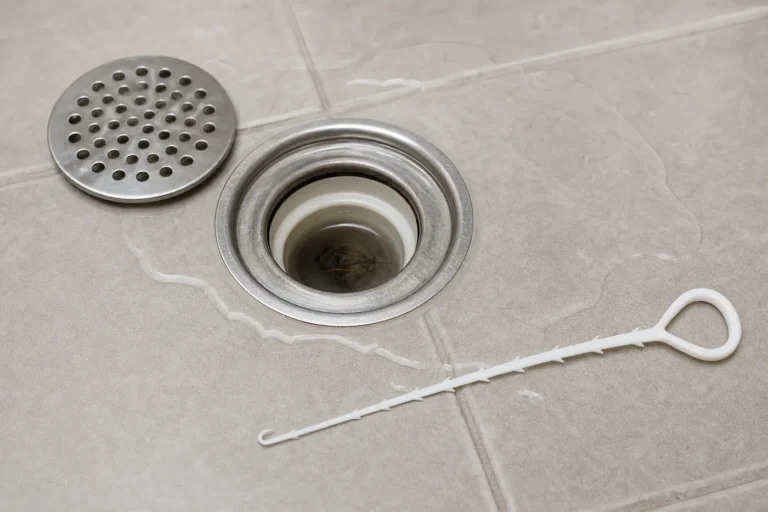 Open shower drain with a small hair clog below the drain throat and a white plastic barbed cleaning tool nearby