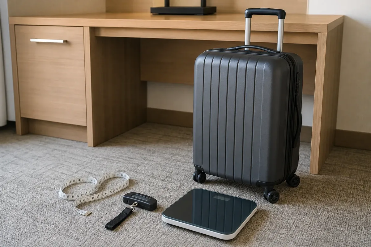 Packed suitcase beside a measuring tape, handheld luggage scale and bathroom scale