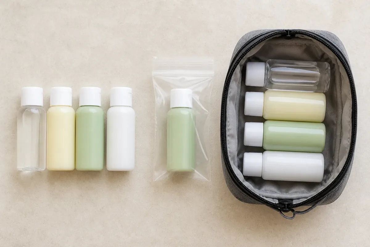 Top-down layout of travel bottles separated in a resealable bag and washable toiletry pouch