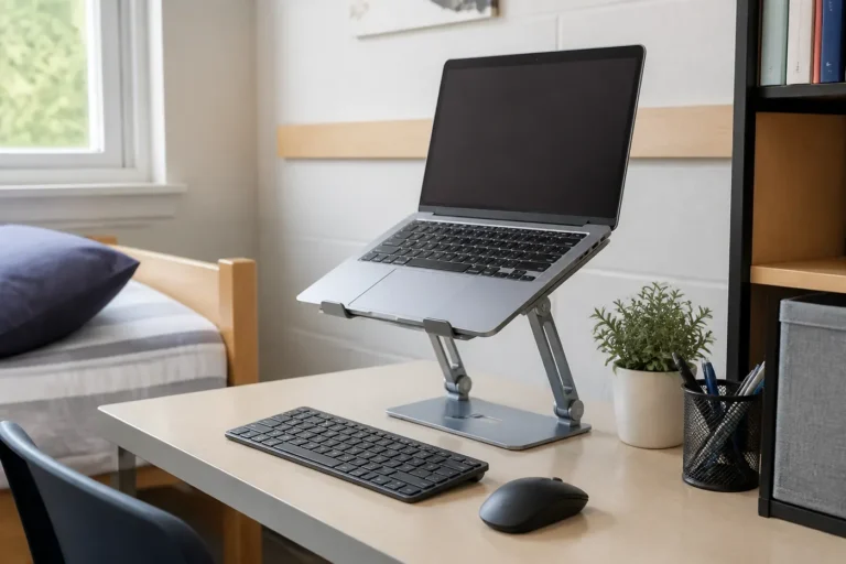 Laptop raised on a compact stand at a small, tidy study desk