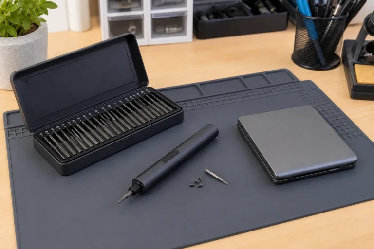 Compact electric precision screwdriver kit open on an electronics repair mat