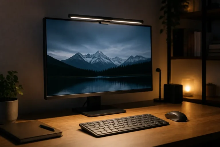 Single monitor light bar mounted neatly above a computer display on a dark desk