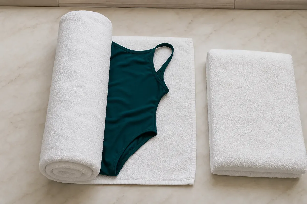 Dark teal swimsuit partly rolled inside a white hotel towel to press out water
