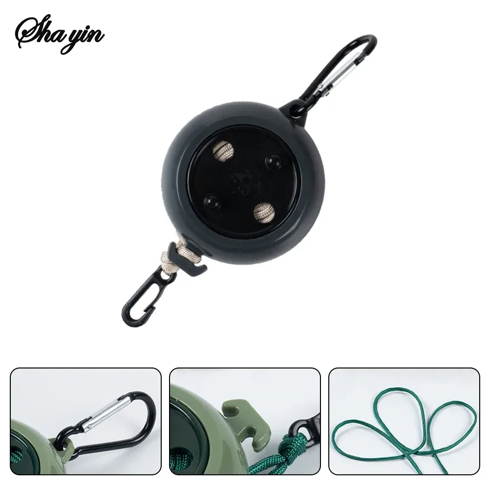 Compact round retractable travel clothesline with carabiner and hook attachments