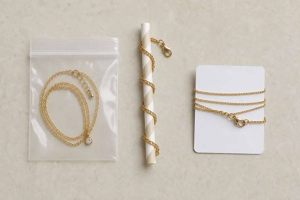 Three necklace packing methods using a small bag, drinking straw, and card