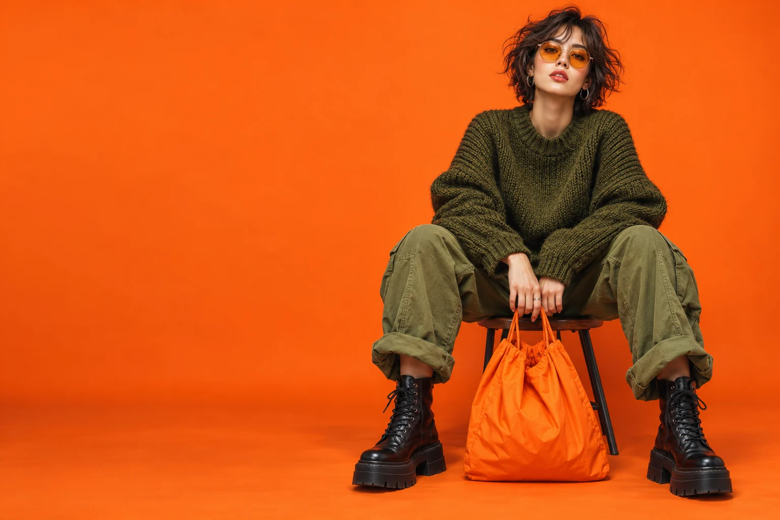 Street-fashion editorial with amber glasses, an olive knit and cargo trousers, and an orange bag